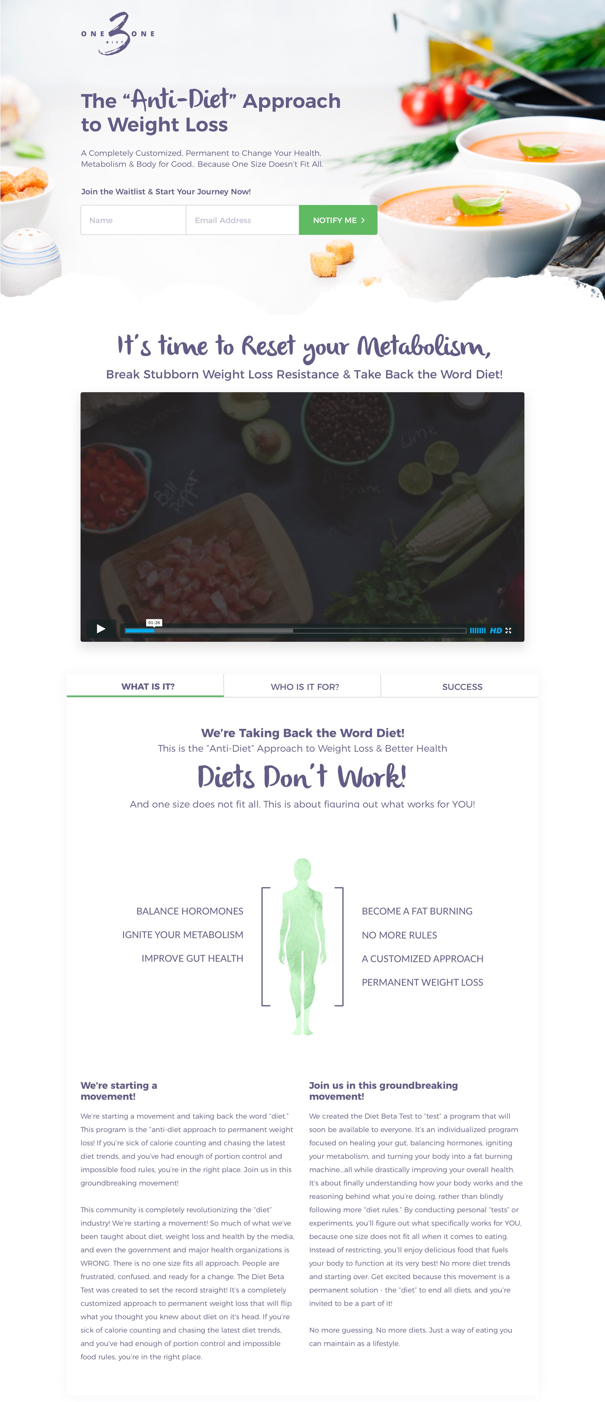 ONE3ONE diet program website homepage mockup design.