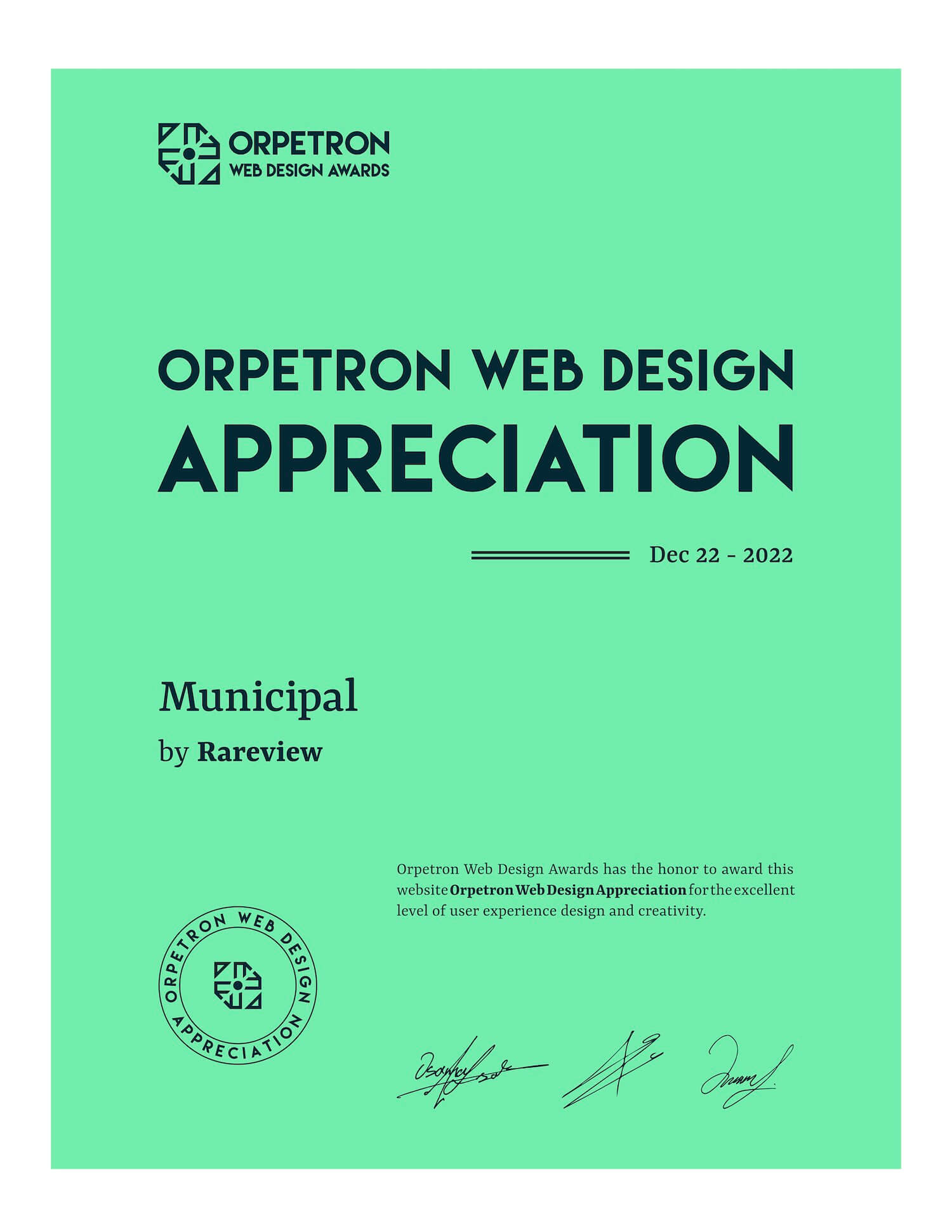 The Orpetron Web Design Appreciation certificate